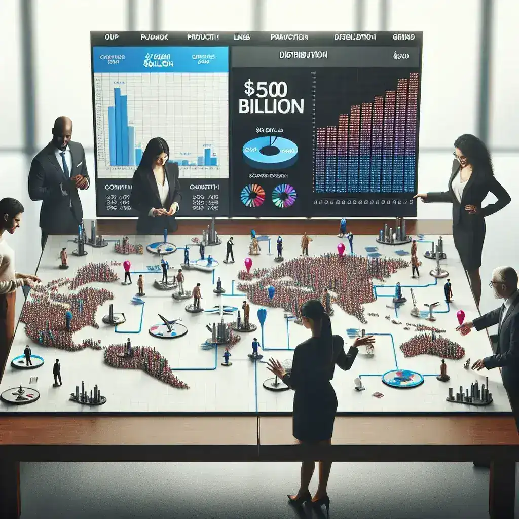 "Infographic illustrating strategic annual production goals for achieving a $500 billion target in business growth and profitability."